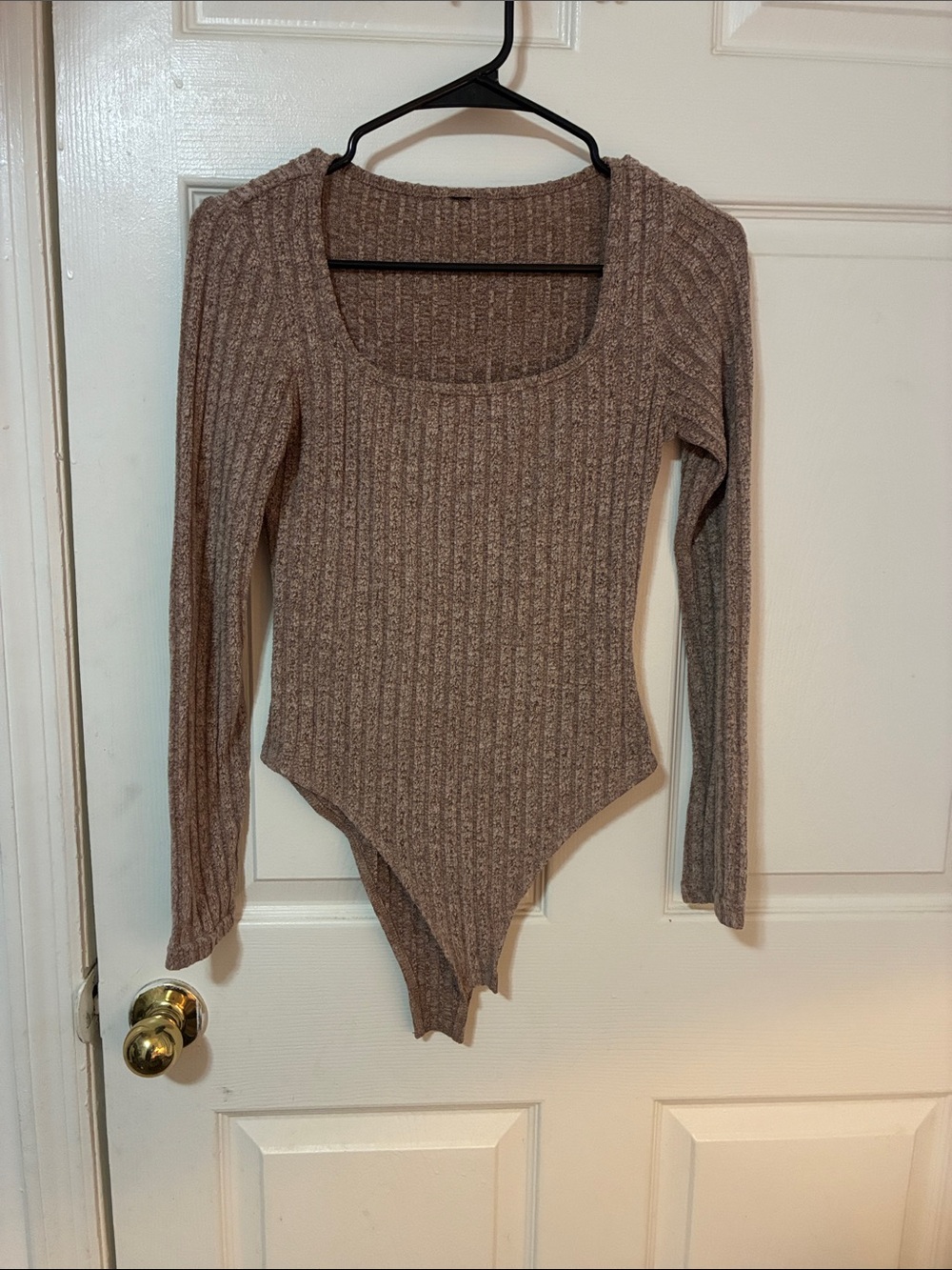 SHEIN Ribbed Scoop Neck Long-Sleeve Bodysuit - Taupe